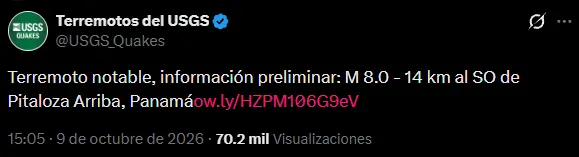 El tuit del Servicio Geológico de Estados Unidos.