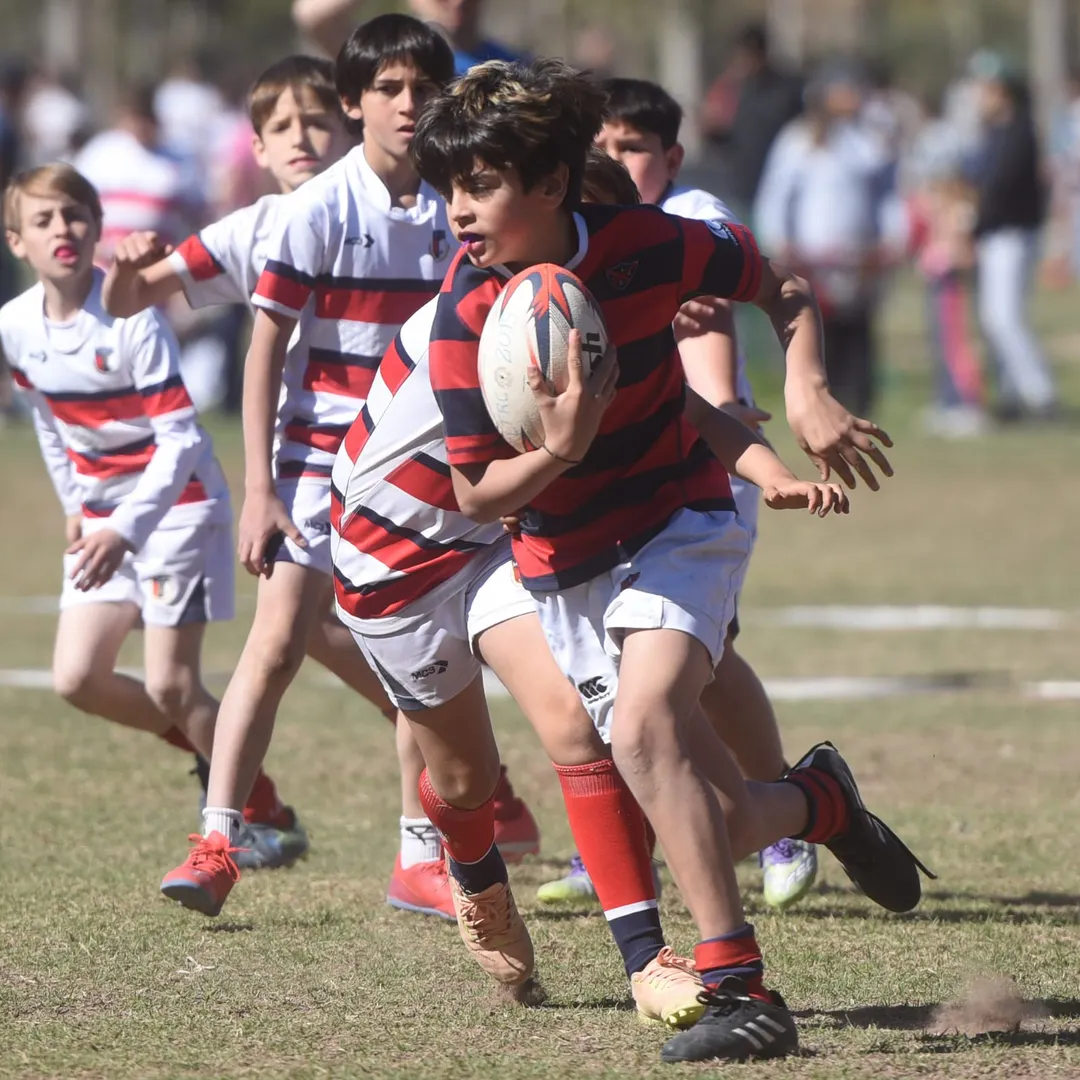 Los chicos se divierten jugando al rugby. 