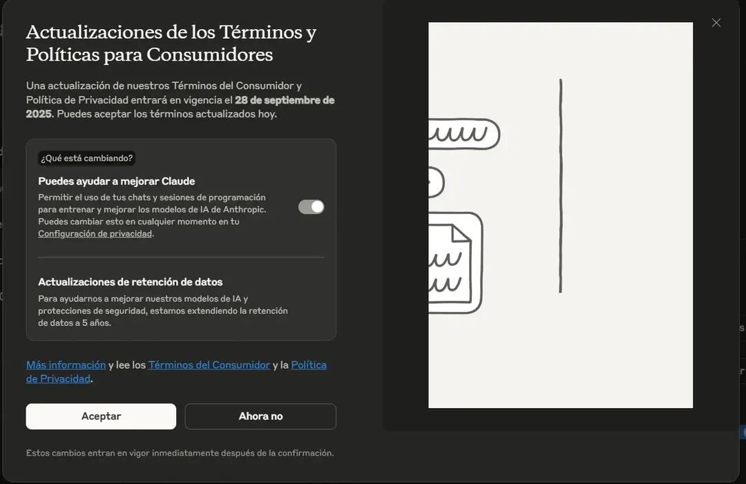 Los nuevos términos de uso de Claude establecen que las conversaciones podrán ser usadas para entrenar la IA.