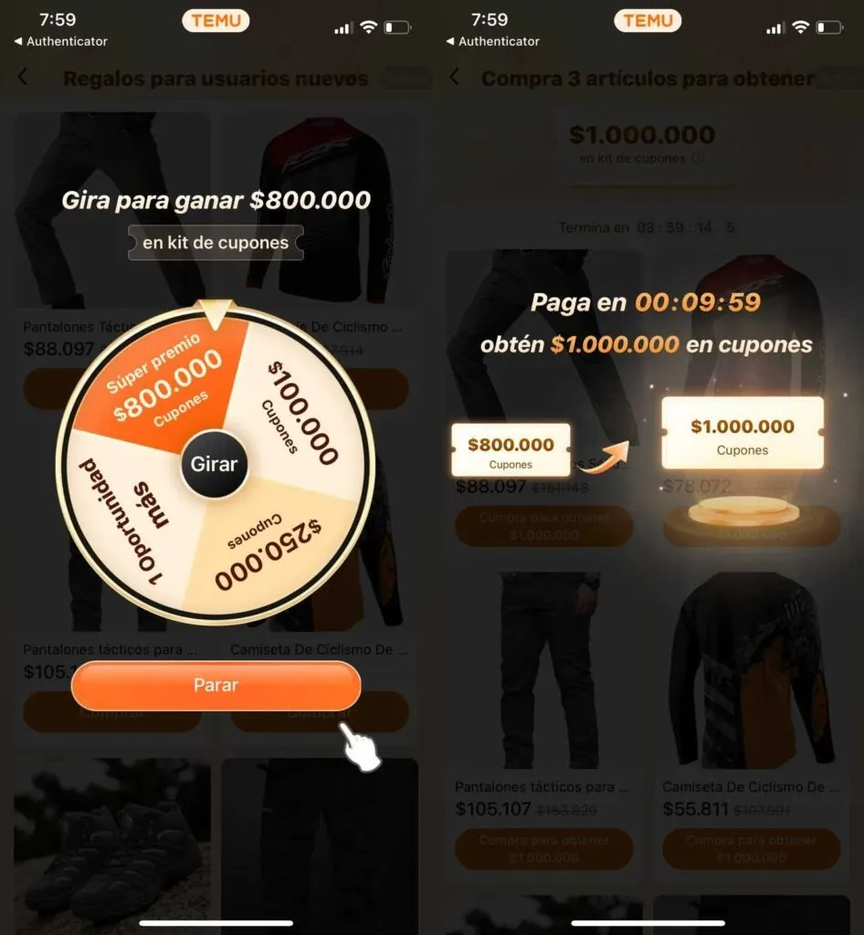 Las ofertas en las ruletas de descuento de Temu.