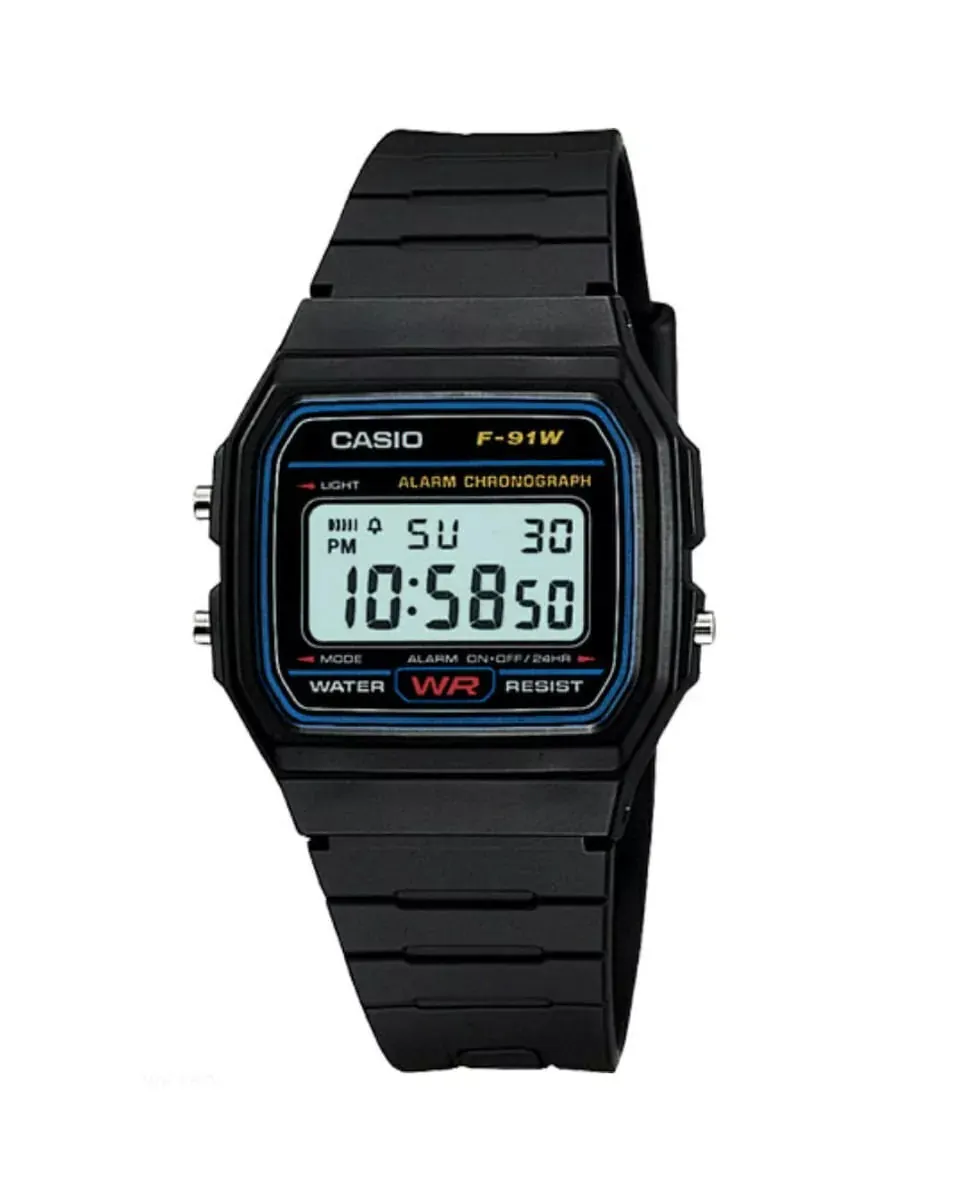 Casio F-91W: El clásico digital de resina con cronómetro y batería de 7 años.