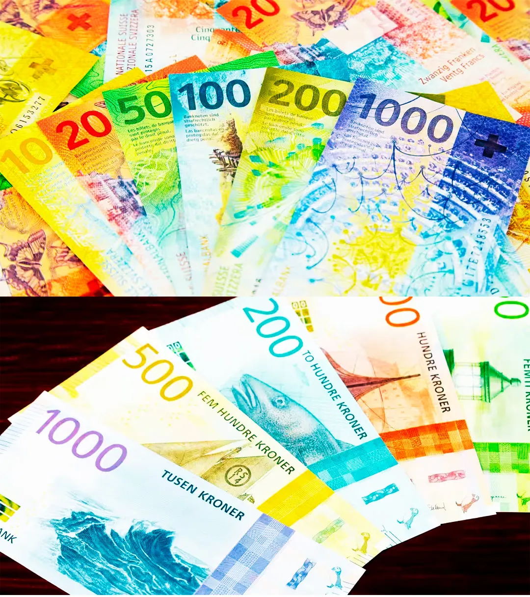Francos suizos (arriba) vs coronas noreegas (abajo). El diseño de papel moneda de Suiza y Noruega representa la cúspide de la estética vanguardista y la belleza funcional en el diseño gráfico editorial internacional. Ambas naciones rompieron por completo con el retrato tradicional de héroes históricos para dar paso a conceptos abstractos, científicos y naturales que definen su identidad contemporánea.