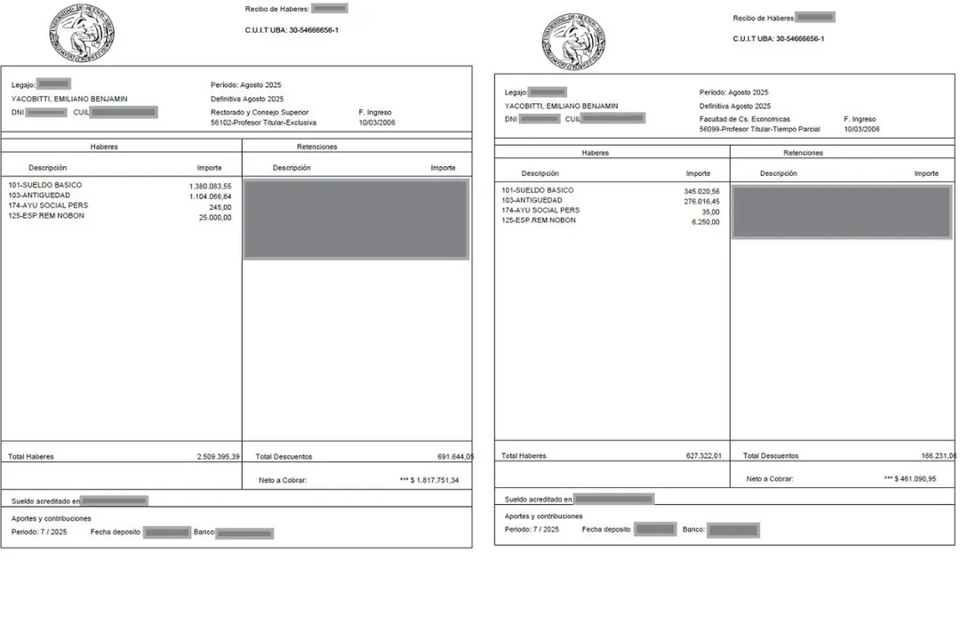 Los recibos de sueldo que compartió Emiliano Yacobitti en X en respuesta al cruce de Luis Caputo.