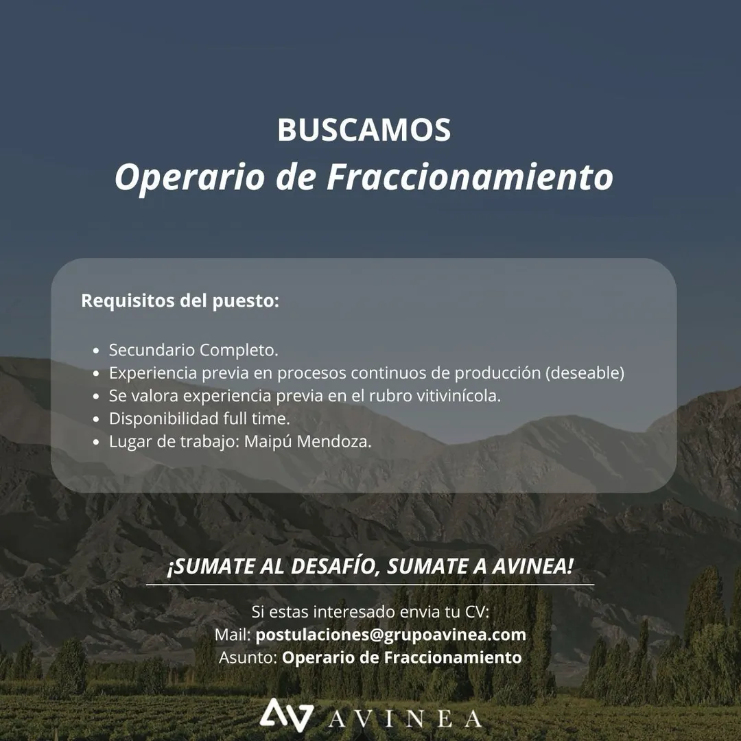 Los interesados deben enviar su CV por mail con asunto “Operario de Fraccionamiento” para postular al trabajo. Foto: Bolsa de Empleo- Mendoza  
