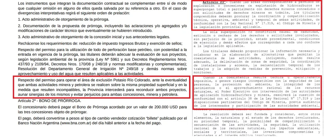 El artículo del contrato con Quintana y el proyecto de ley para resolver el conflicto latente entre la petrolera Quintana y Potasio Río Colorado, de Minera Aguilar, por la competencia entre la minería y la exploración en Vaca Muerta. 