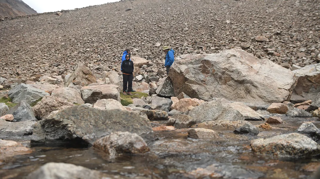 En el fondo el glaciar de escombros y al frente el agua que va hacia los ríos. 
