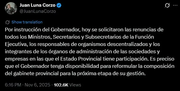 El poste del jefe de Gabinete riojano que anunció la nueva medida de Quintela: Fuente: X