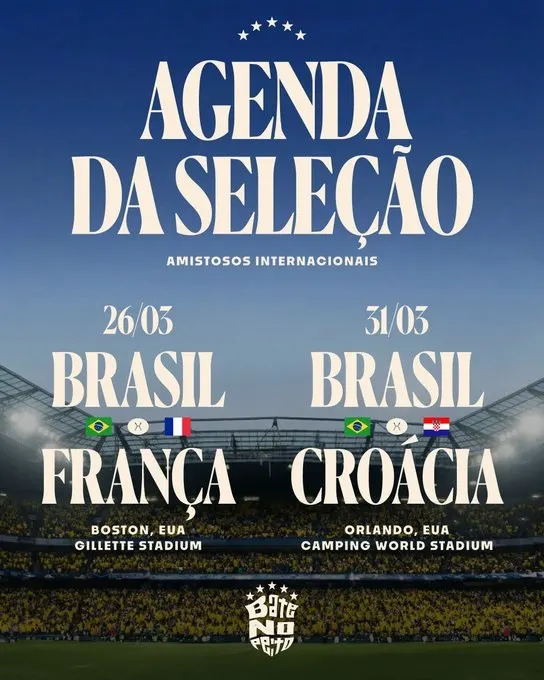 Francia y Croacia serán los rivales del seleccionado brasileño en Estados Unidos, en la recta final de la preparación mundialista.
