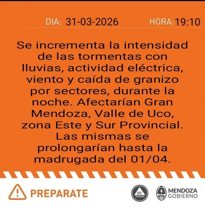 Desde Defensa Civil aumentaron el nivel del alerta en Mendoza a naranja.