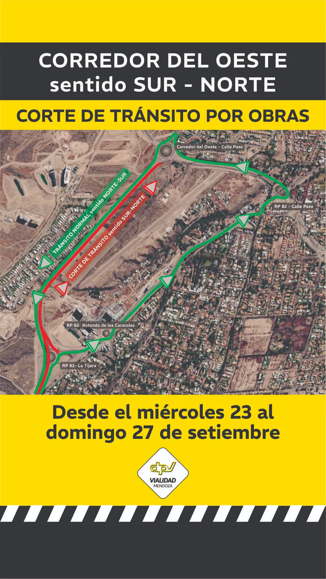 El corte afectará el sentido sur-norte del Corredor del Oeste entre este miércoles 23 y el domingo 27 de septiembre.