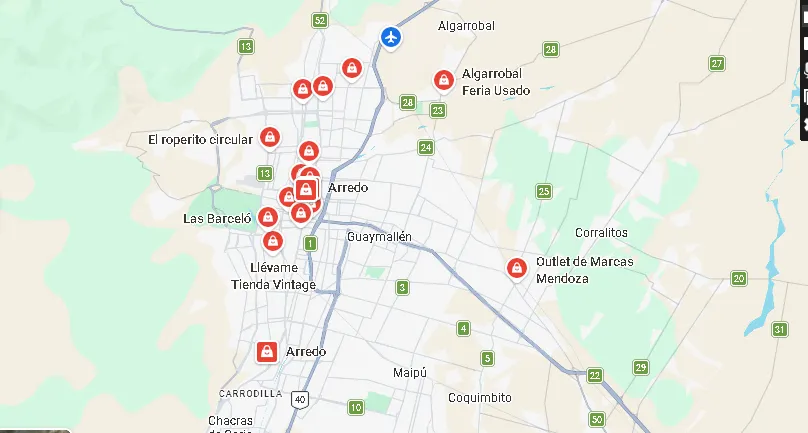 Un mapa del Gran Mendoza con tiendas y ferias para comprar ropa usada. https://maps.app.goo.gl/Gf2iAmAYv5LyA9Ws9