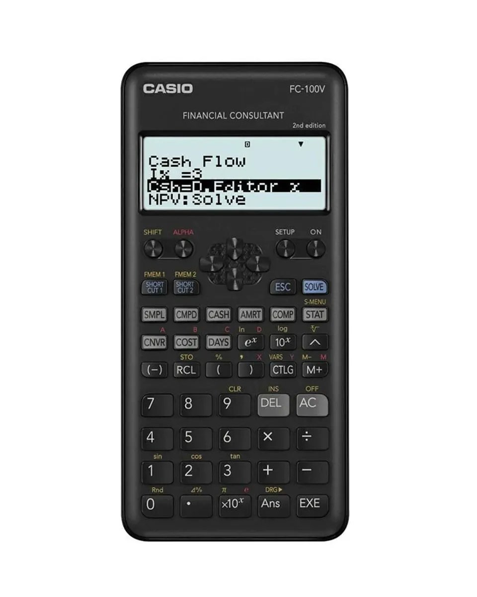 Casio FC-100V-2: Solución financiera avanzada con pantalla de cuatro líneas para análisis de inversión.