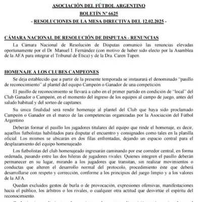 El Boletín 6625 del 12.02.2025, que se sospechó que fue publicado por AFA este domingo 23 de noviembre.