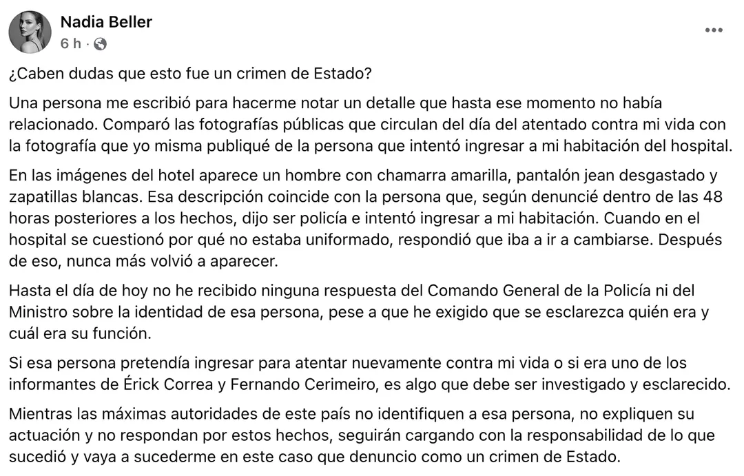 La publicación de Nadia Beller sobre el supuesto hombre que quiso ingresar a su habitación en el Hospital.
