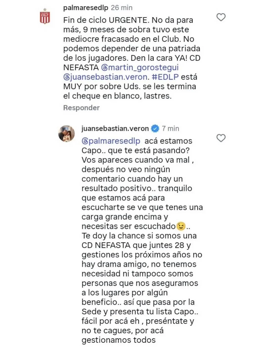 El cruce de Verón con un hincha en Instagram.