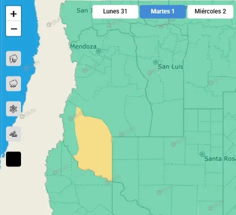 El SMN emitió un alerta por Zonda para este martes en el sur de Mendoza. 