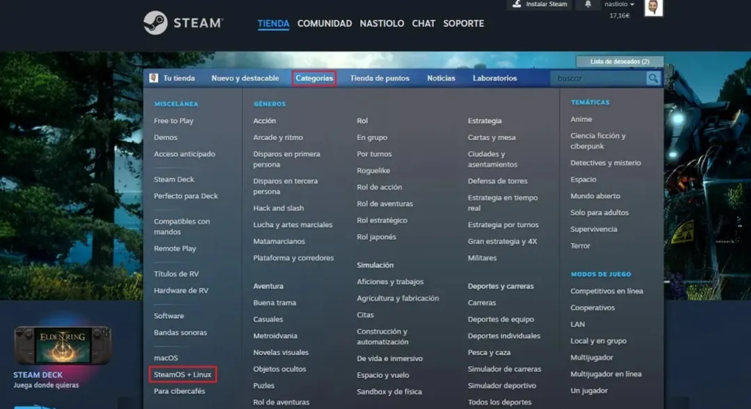 Desde la tienda es posible filtrar por categoría SteamOS + Linux y ver todos los juegos compatibles de manera oficial.