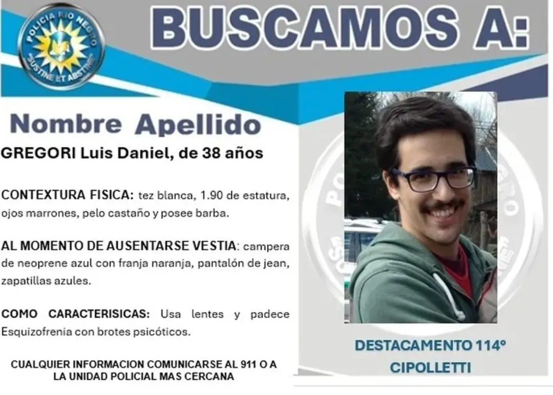 La Policía de Río Negro busca intensamente a Luis Daniel Gregori.