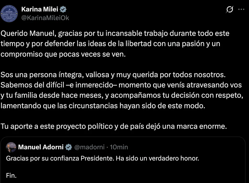 El mensaje de Karina Milei después de la renuncia de Manuel Adorni.