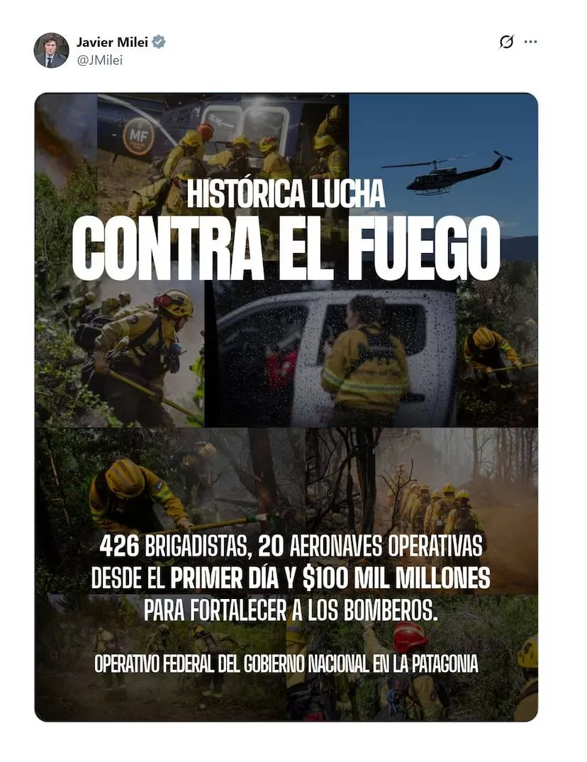 El posteo de Javier Milei sobre los incendios