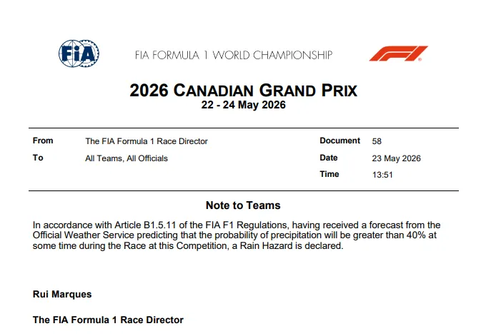 El comunicado de la FIA advirtiendo por posibles lluvias en la qualy del GP de Canadá