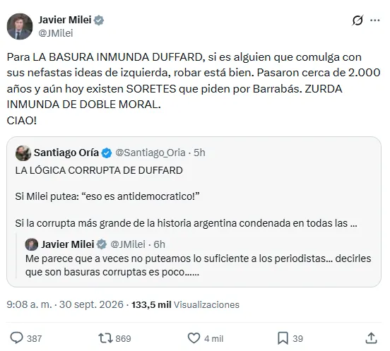 El posteo de Javier Milei contra Maru Duffard.