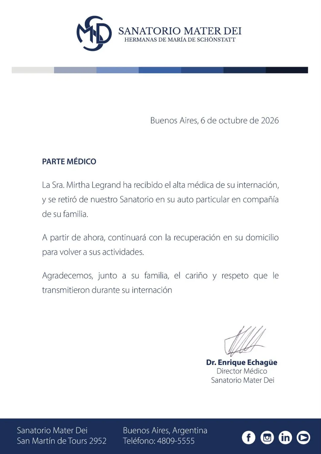 El comunicado del hospital que confirma que Mirtha Legrand recibi&oacute; el alta m&eacute;dica.