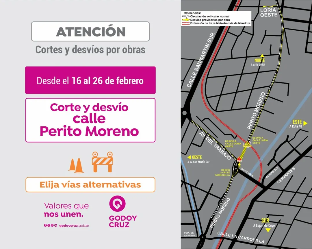 Este corte se inicia el lunes 16 y finaliza el 26 de febrero. Durante este período, la circulación vehicular estará interrumpida en Perito Moreno y la traza de las vías.  