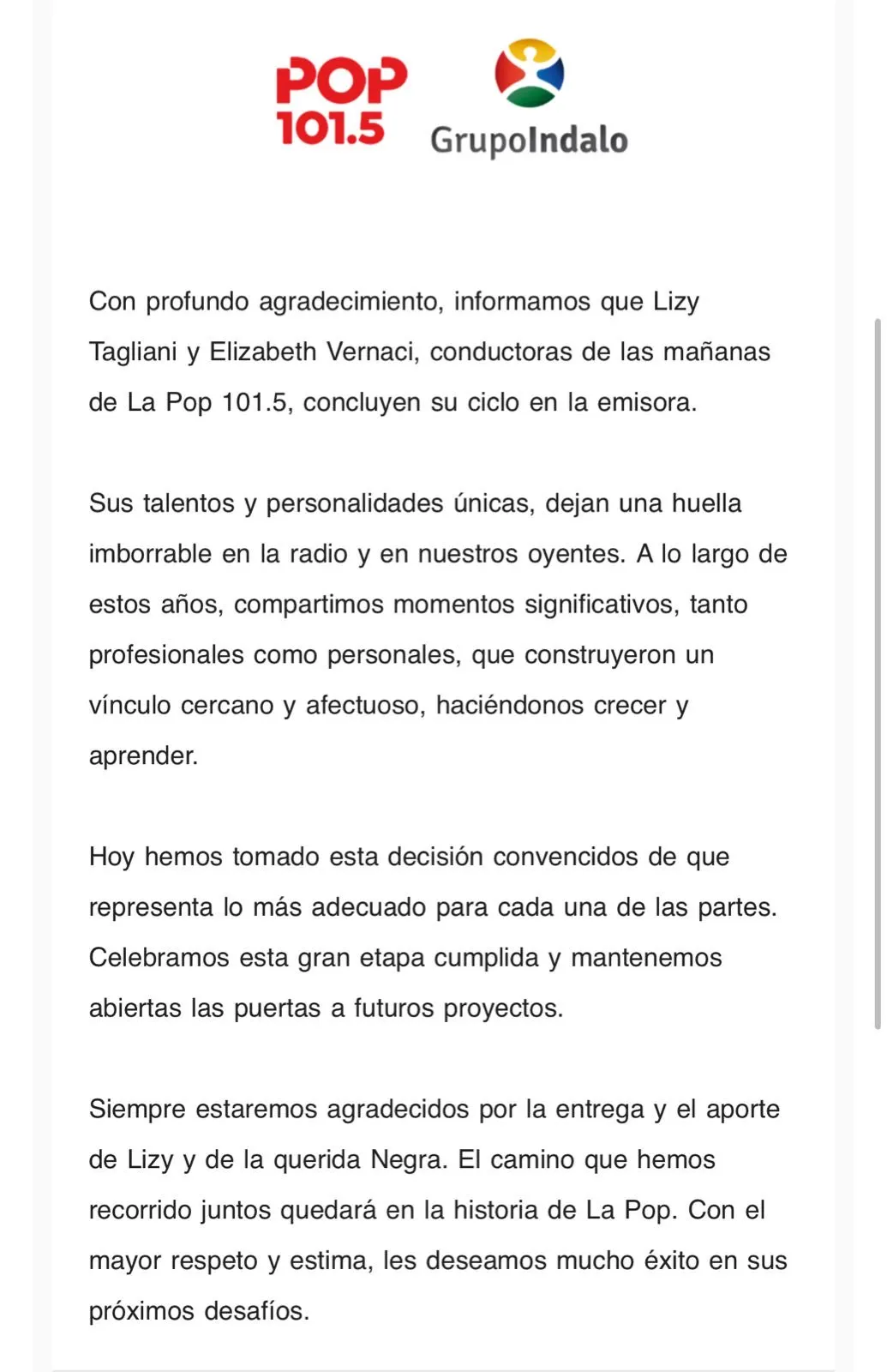 El escrito de Pop Radio tras la polémica. 