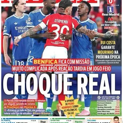 La tapa del medio portugués A Bola sobre el escándalo entre Prestianni y Vinícius Jr.