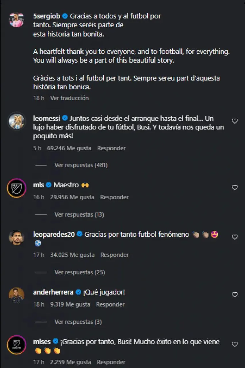El mensaje de Lionel Messi a Busquets en los comentarios de la publicación donde el español anunció su retiro.