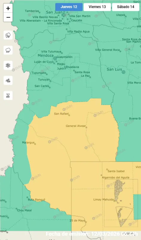 En el sur de Mendoza hay 3 departamentos bajo alerta por tormentas fuertes.