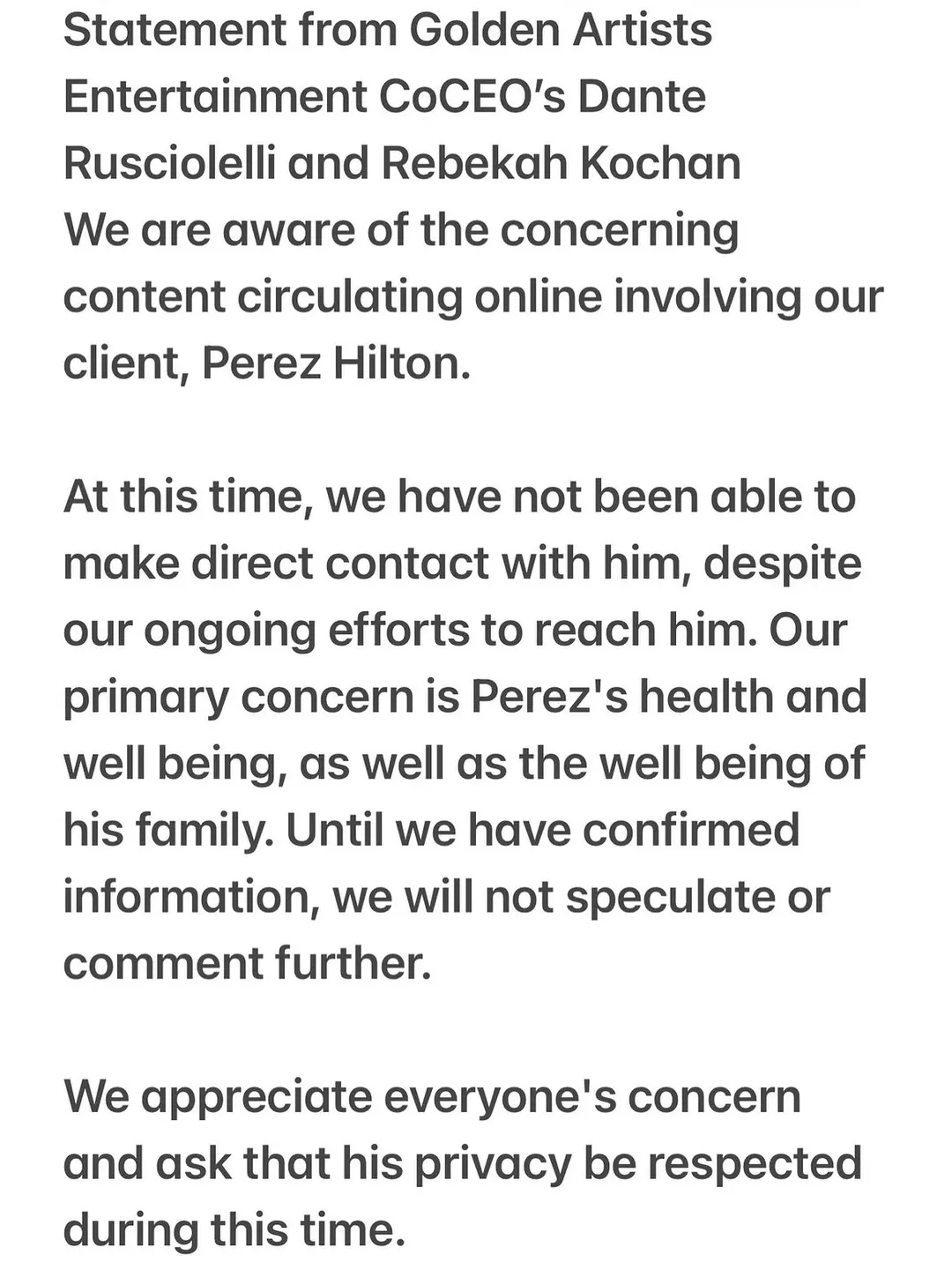 El comunicado de los representantes de Perez Hilton.