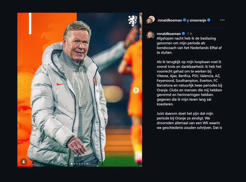El posteo de Ronald Koeman en el que informó su renuncia.