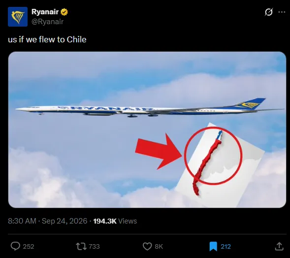 La publicación de la aerolínea Ryanair contra Chile.