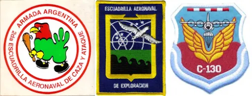 Los emblemas de las unidades involucradas en la misión. Las aeronaves que integraron cada una de izquierda a derecha son: Super Etendard, Neptune y KC-130 Hércules. 