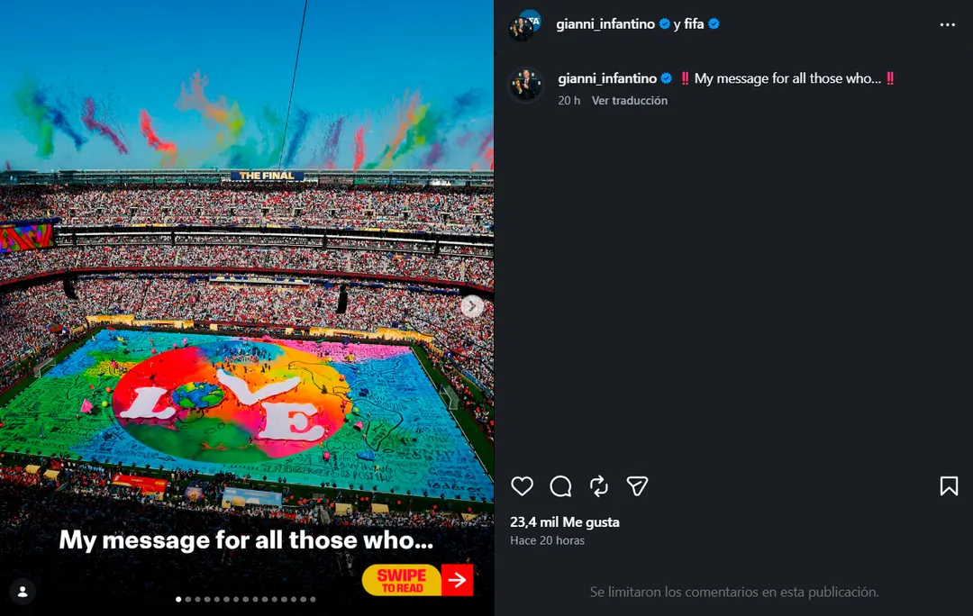 Infantino se expidió en redes sociales.