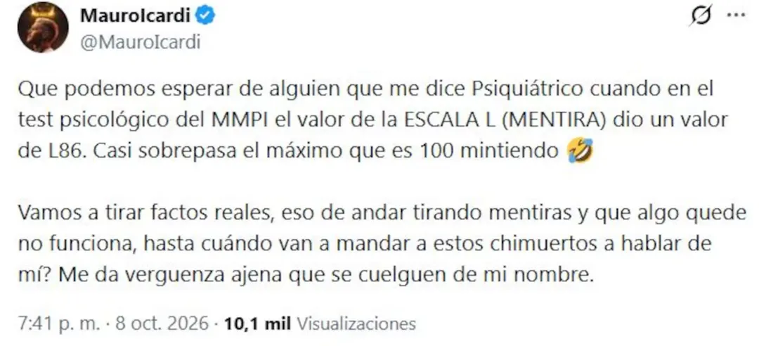 La captura del posteo donde Mauro Icardi reveló datos del test psicológico de Wanda Nara.