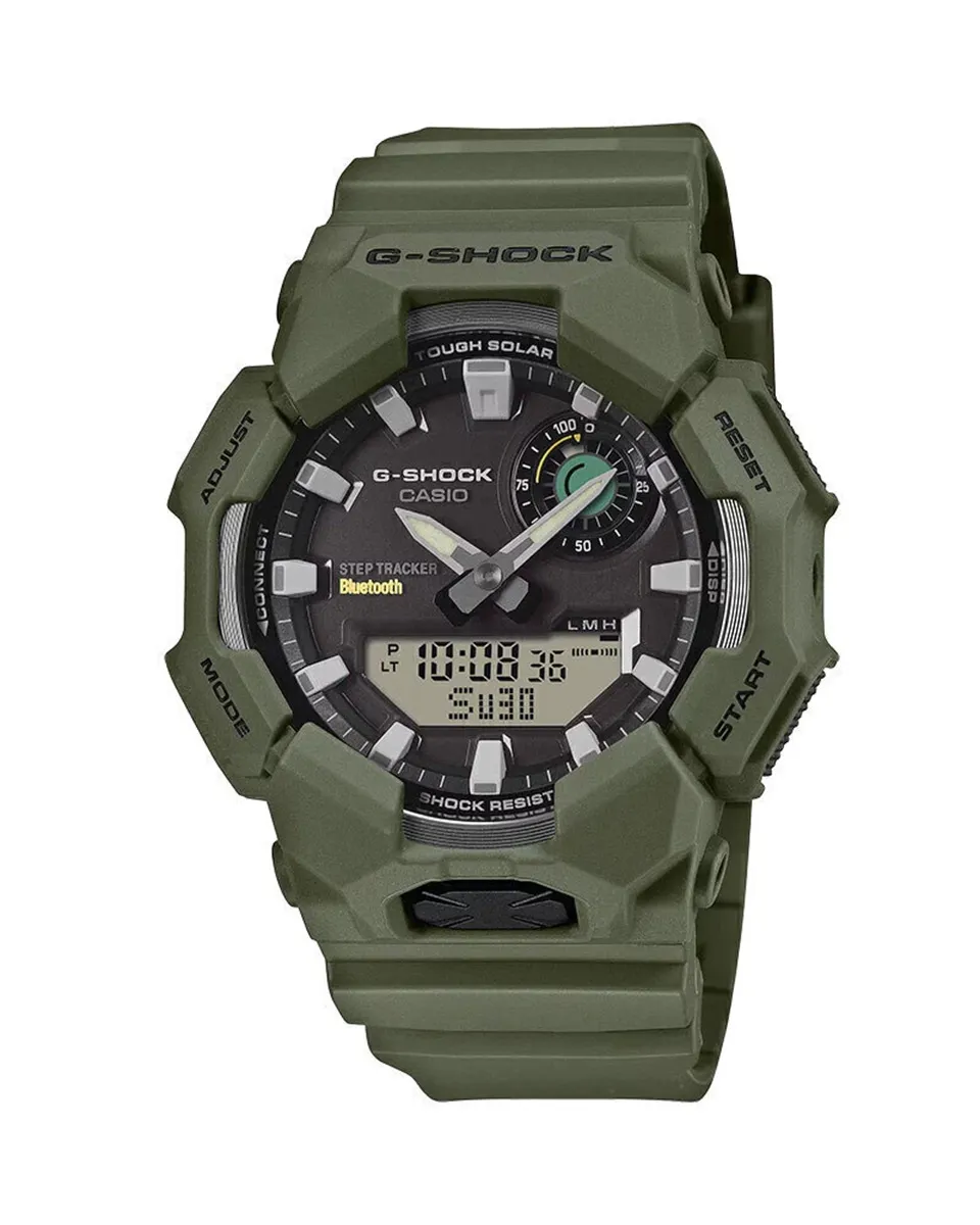 Diseño resistente con estética verde militar que combina funciones inteligentes, pantalla digital y manecillas.