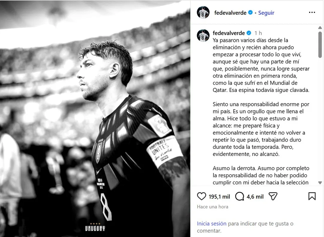 La carta de Federico Valverde después de la eliminación de Uruguay.