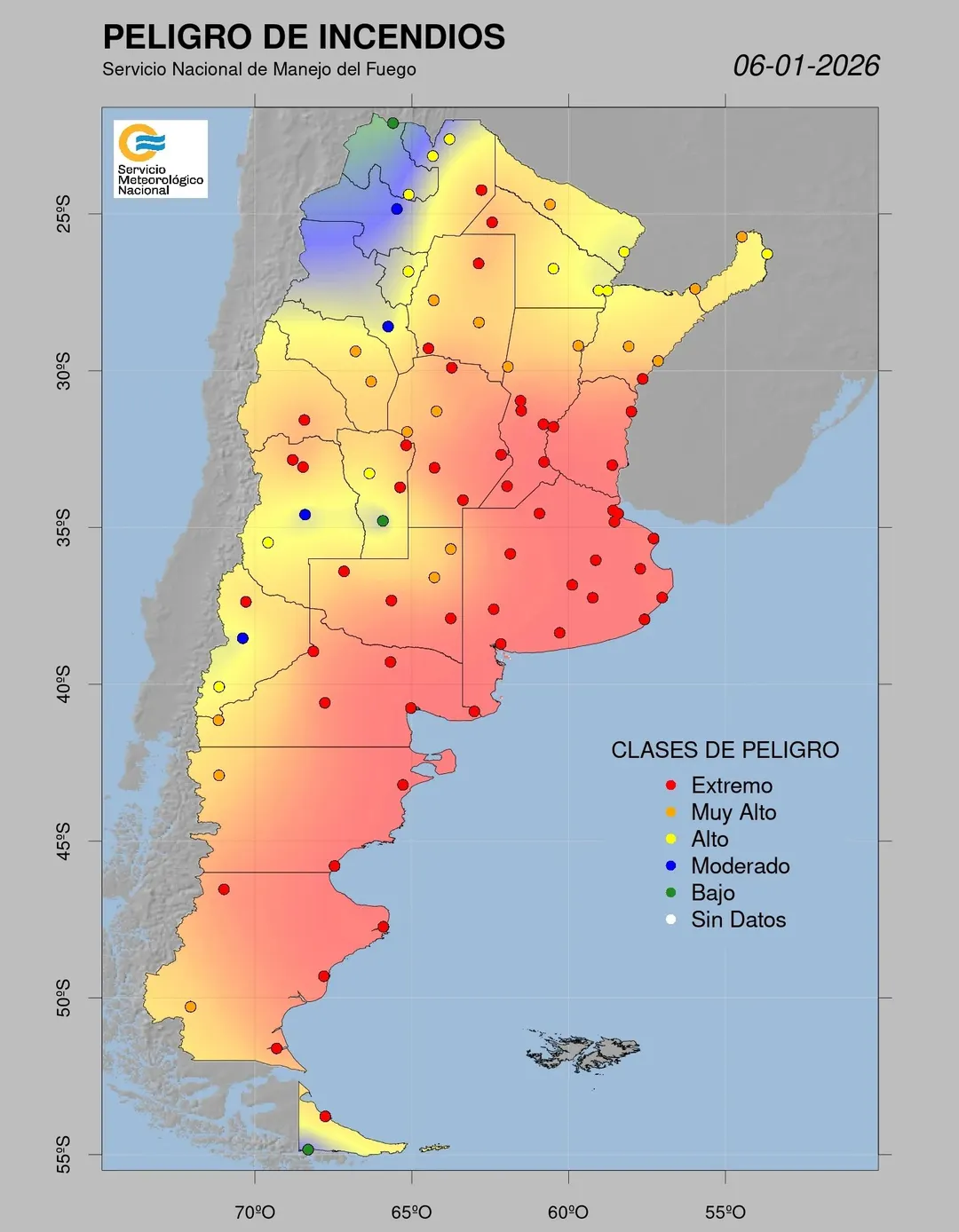 El mapa de riesgo por incendios en Argentina.