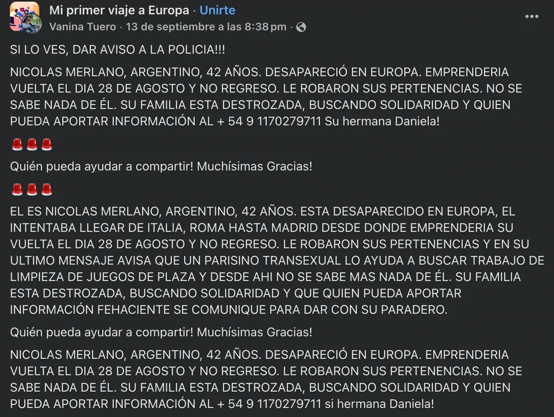 Nicolás Merlano desapareció durante su viaje a Europa.