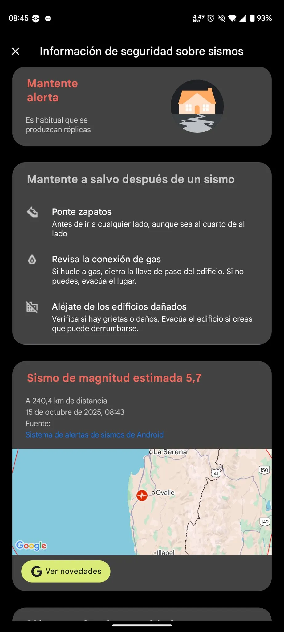 Ejemplo real del sistema de alertas sísmicas de Android: notificación de “Mantente alerta” por un sismo con magnitud estimada 5,7, recibido esta mañana en la zona de Coquimbo.