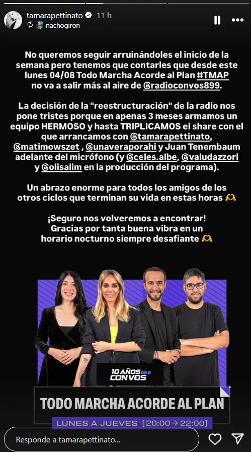El programa de Tamara Pettinato dejará de salir al aire. Foto: captura de pantalla Instagram/ @tamarapettinato. 