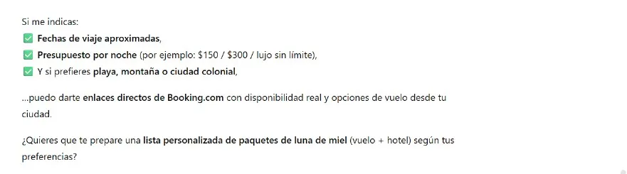 Los datos que necesita ChatGPT para vincular tu búsqueda a Booking. 