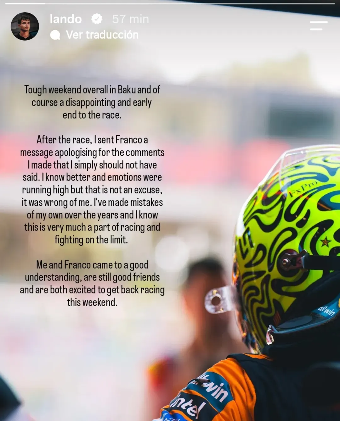 Lando Norris se disculpó públicamente con Colapinto en su cuenta de Instagram.