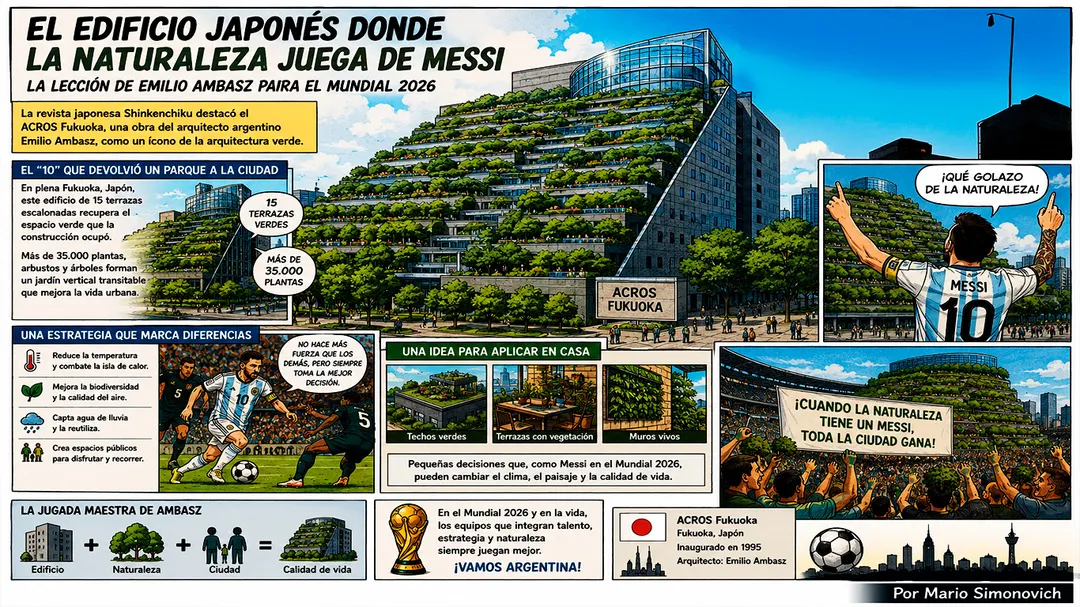 Las terrazas verdes del ACROS Fukuoka son la gran figura del edificio, como Messi lo es en una cancha.