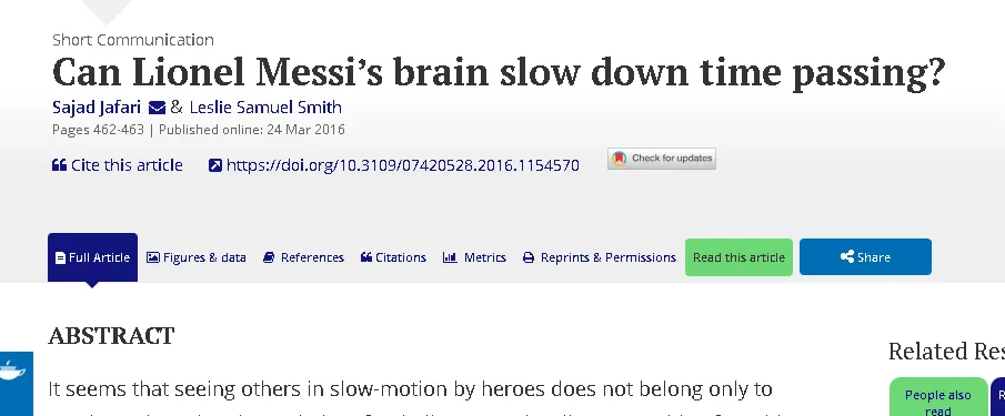 Jafari, S., & Smith, L. S. (2016). Can Lionel Messi’s brain slow down time passing? (