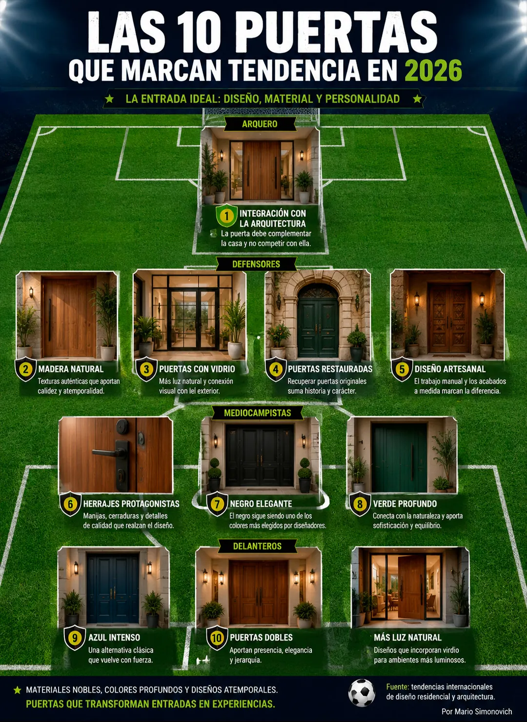 Las principales tendencias en puertas de entrada ocupan una posición en la cancha: madera natural, vidrio, colores sofisticados y diseño artesanal forman el equipo ideal de la arquitectura residencial.
