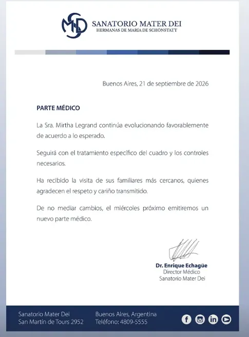 El último parte médico de la conductora.
